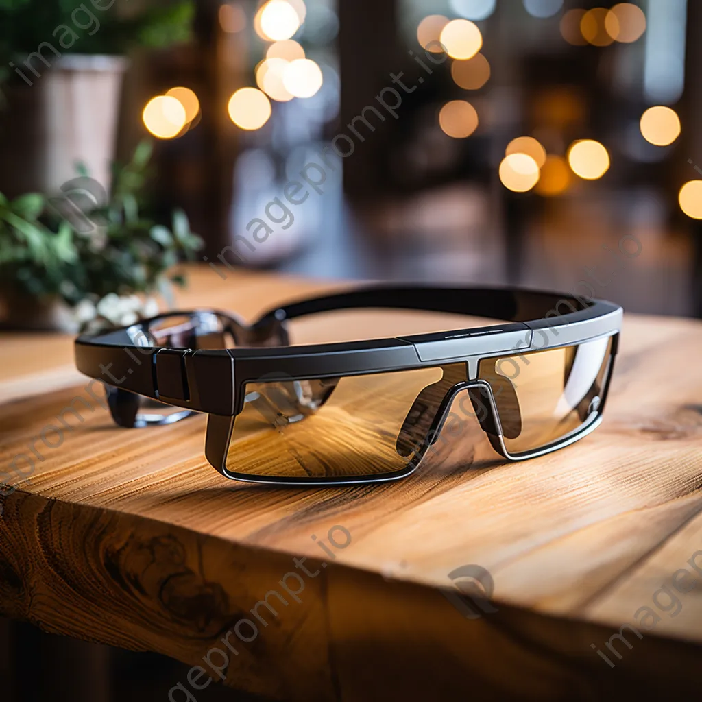 Close-up of AR glasses reflecting light on wooden table - Image 1