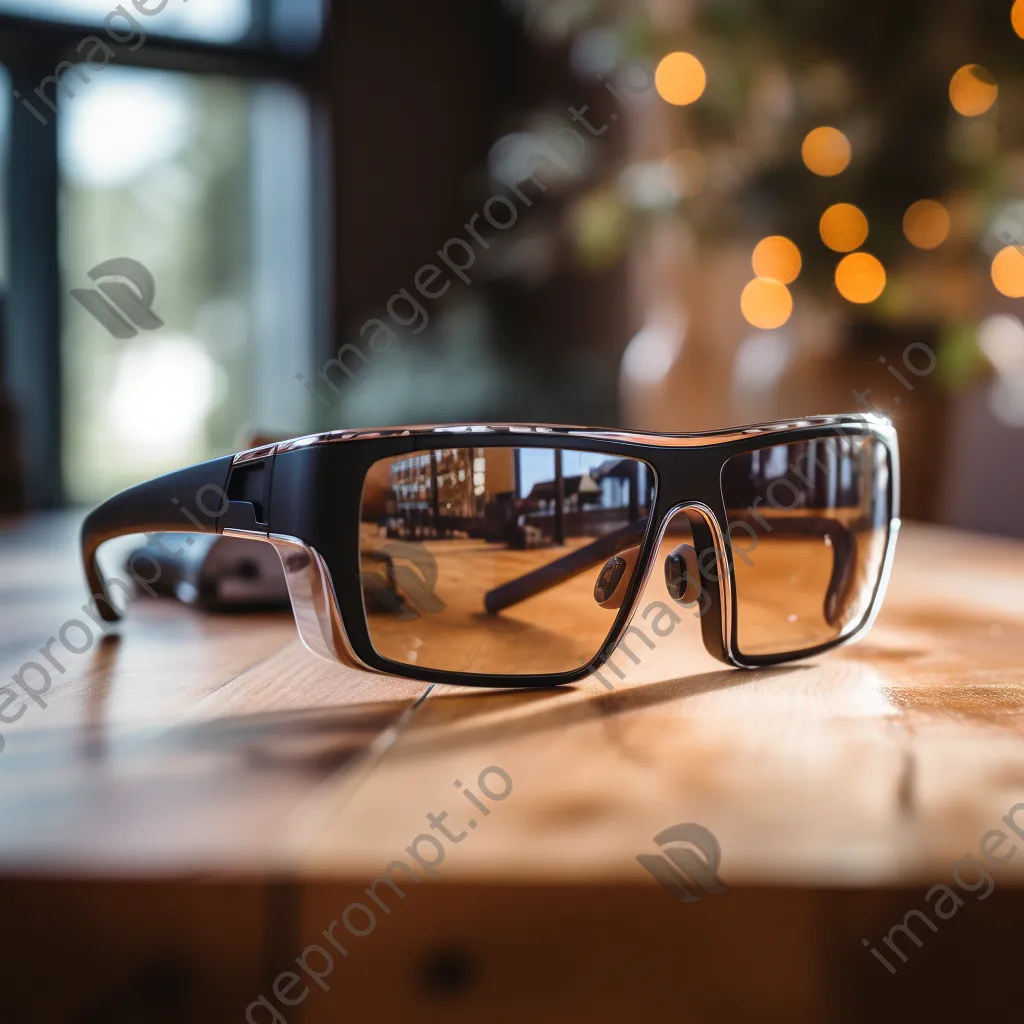 Close-up of AR glasses reflecting light on wooden table - Image 4