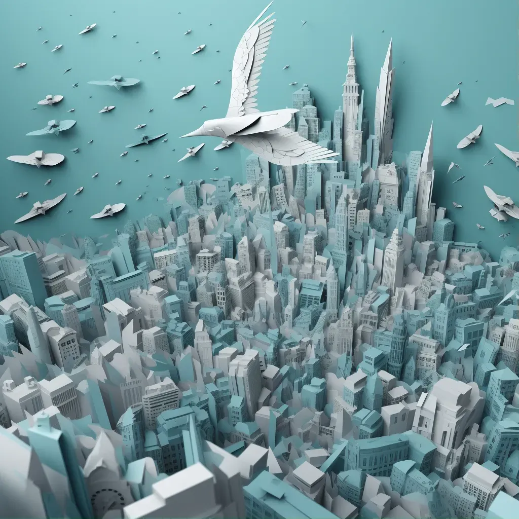 Cityscape featuring humans with wings flying in the sky - Image 1