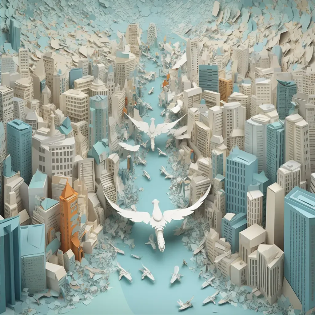 Cityscape featuring humans with wings flying in the sky - Image 2