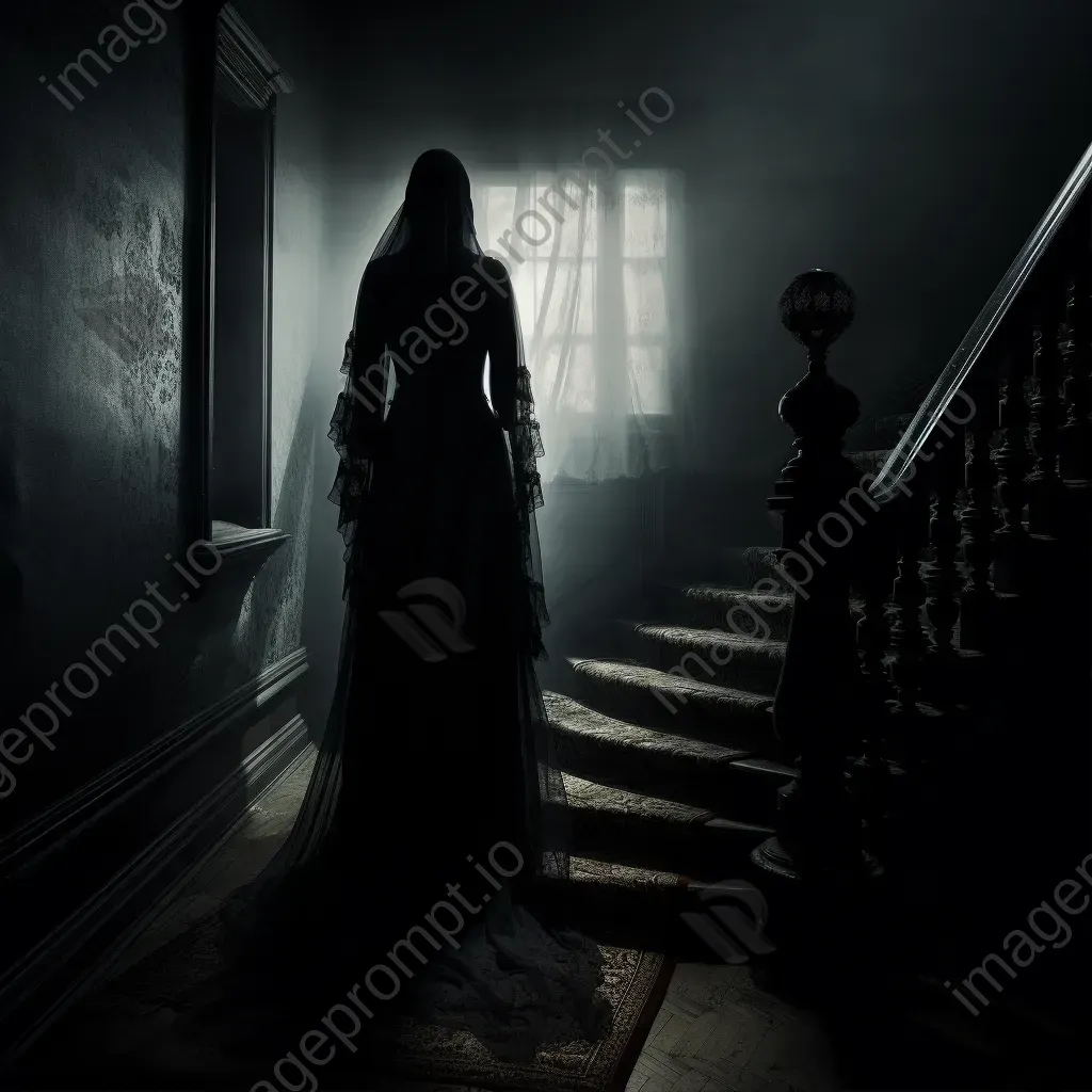 Ghostly figure in a Victorian mansion under moonlight, Gothic noir style - Image 1