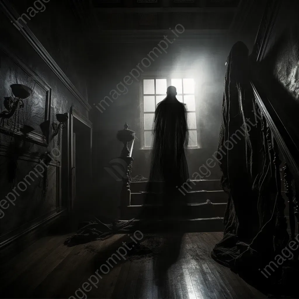 Ghostly figure in a Victorian mansion under moonlight, Gothic noir style - Image 2