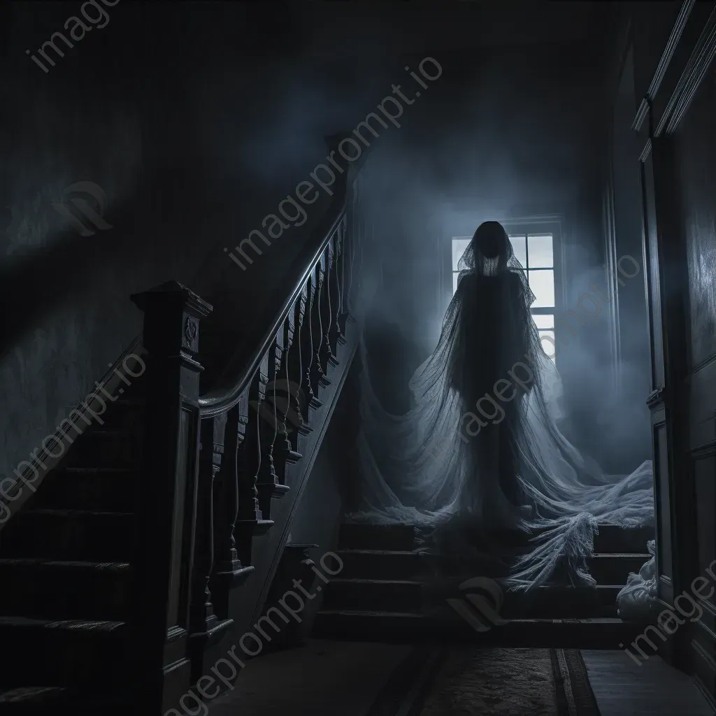 Ghostly figure in a Victorian mansion under moonlight, Gothic noir style - Image 3