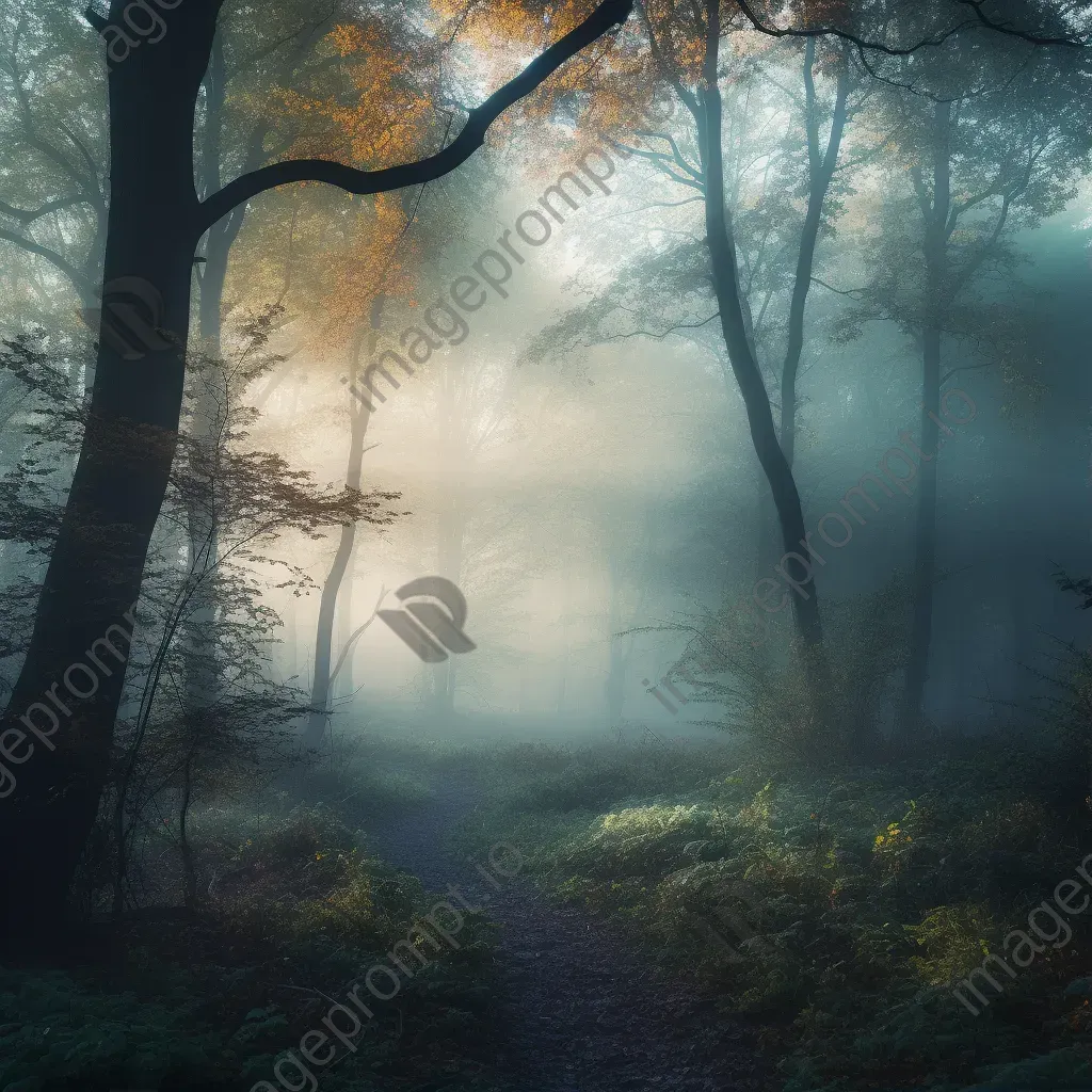 Aerial view of mystical forest with fog and morning light - Image 1