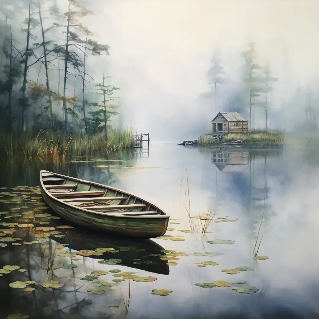 Foggy morning on country lake with solitary rowboat - Image 2