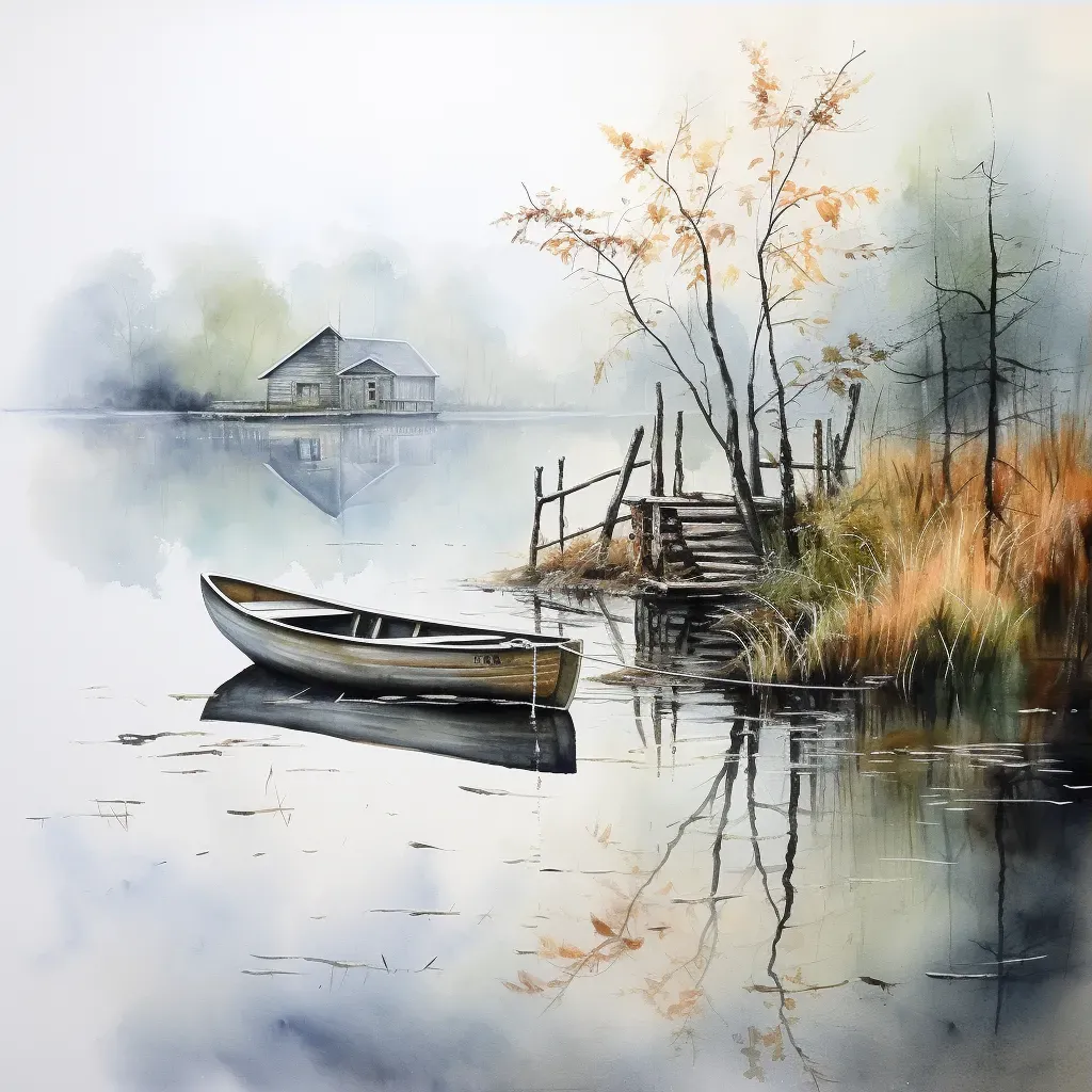 Foggy morning on country lake with solitary rowboat - Image 3