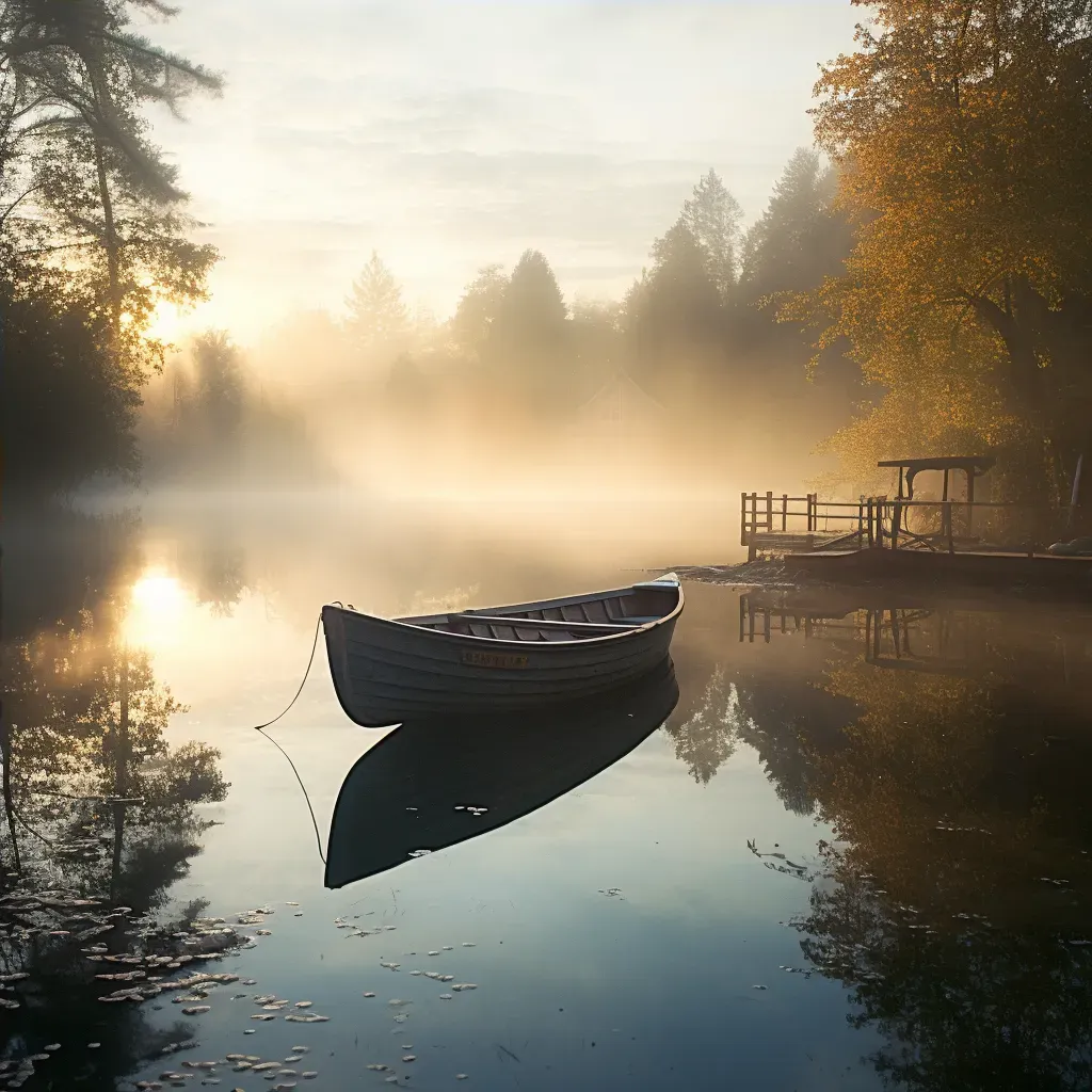 Foggy morning on country lake with solitary rowboat - Image 4