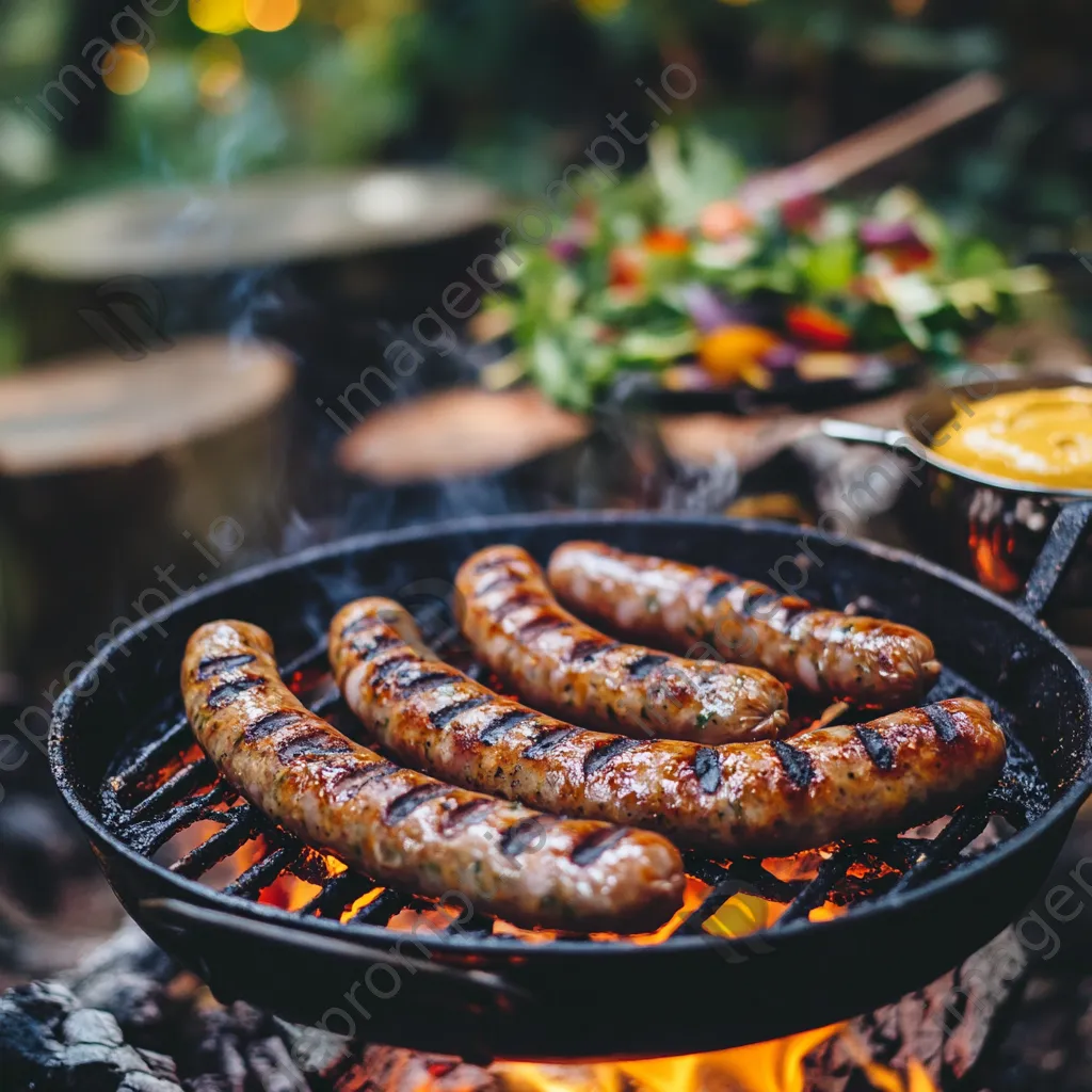 Gourmet sausages grilling beside mustard and salad - Image 1