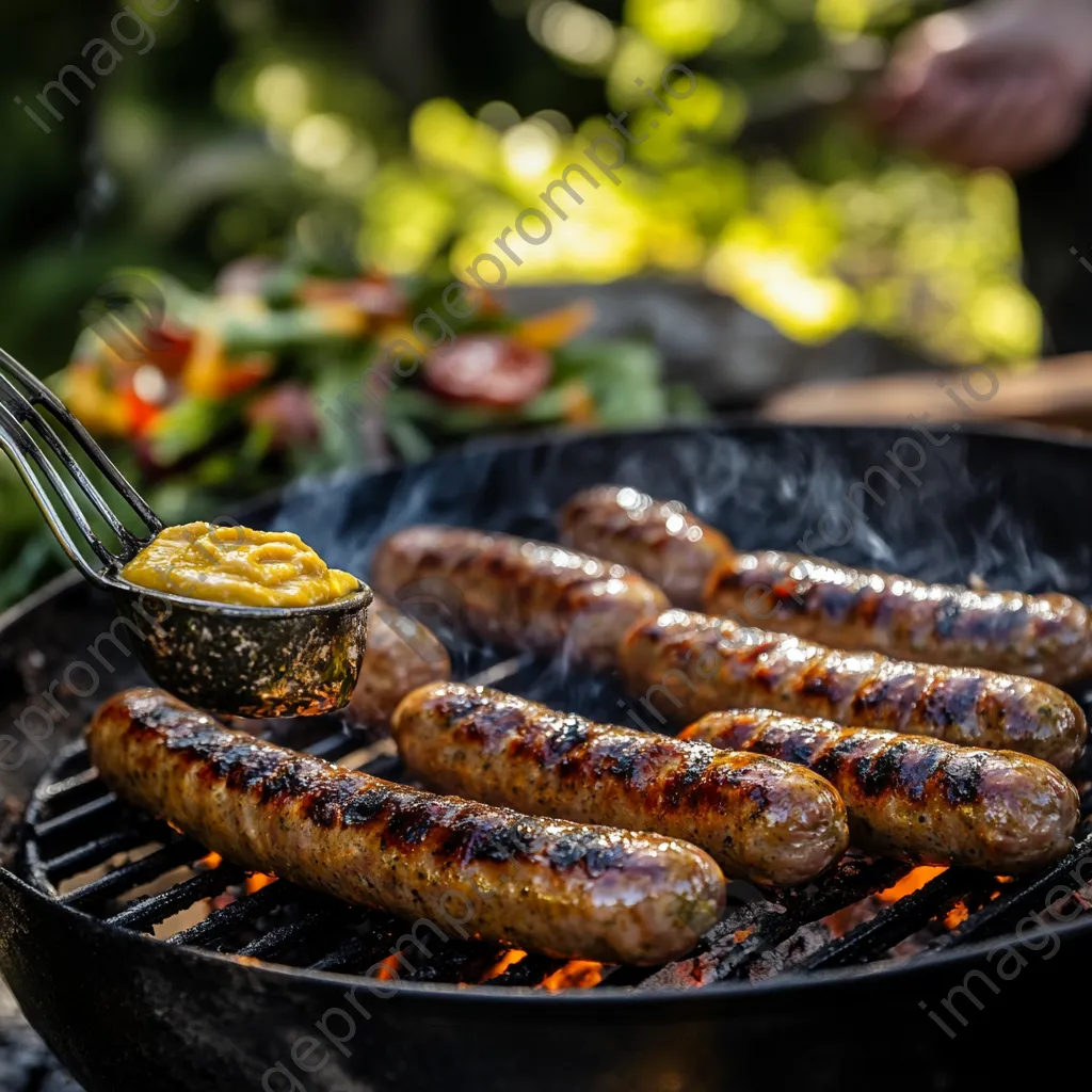 Gourmet sausages grilling beside mustard and salad - Image 2