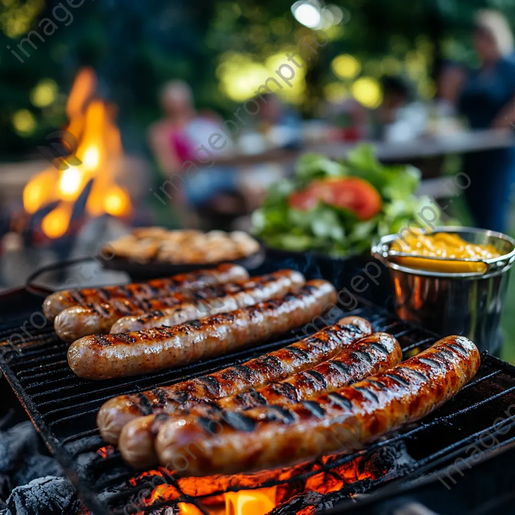 Gourmet sausages grilling beside mustard and salad - Image 3