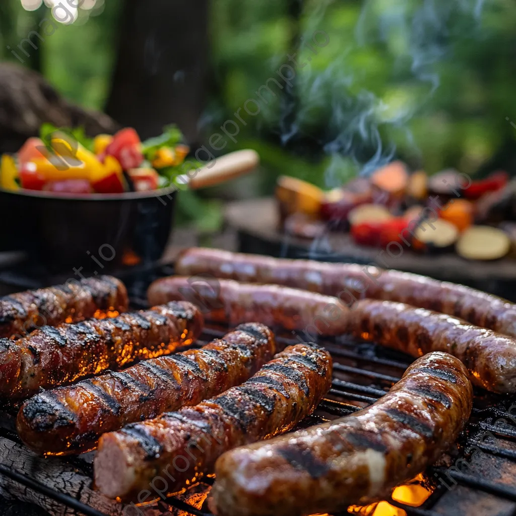 Gourmet sausages grilling beside mustard and salad - Image 4