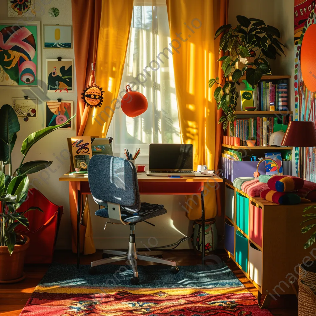 Colorful home office with laptop, stationery, and sunlight - Image 1