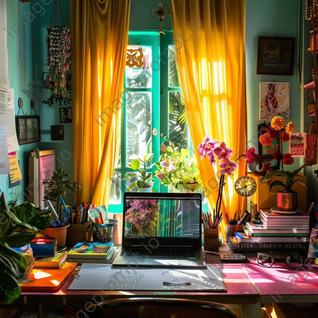 Colorful home office with laptop, stationery, and sunlight - Image 2