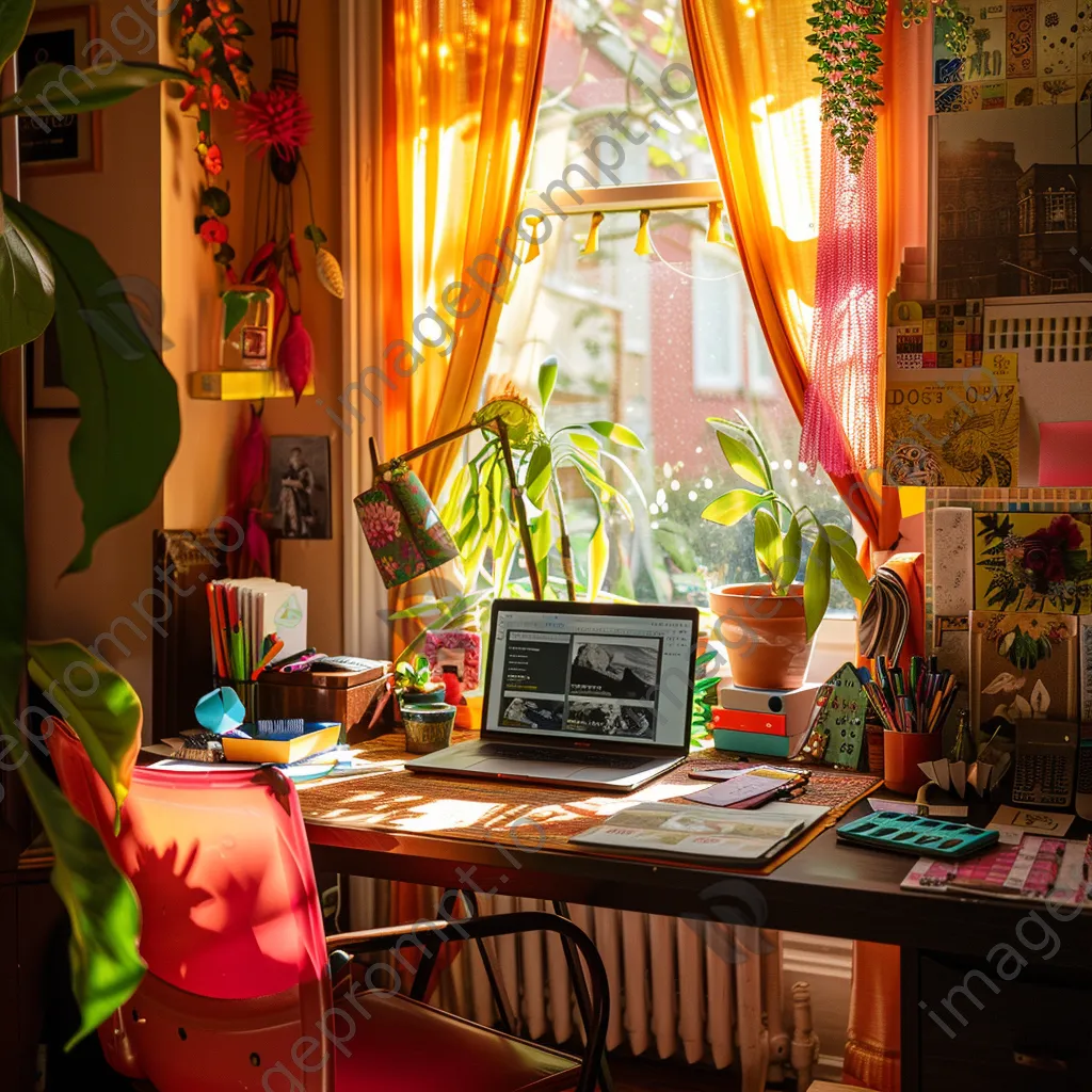 Colorful home office with laptop, stationery, and sunlight - Image 3