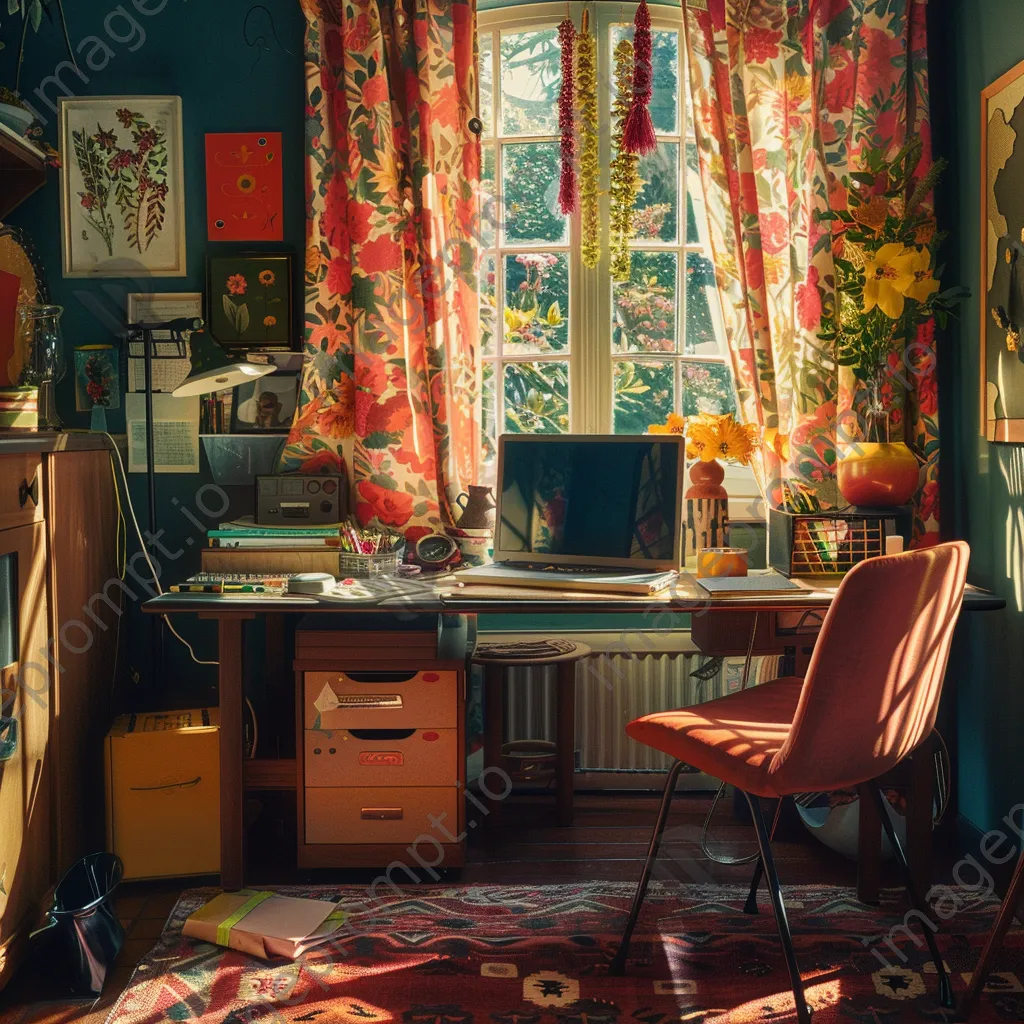 Colorful home office with laptop, stationery, and sunlight - Image 4