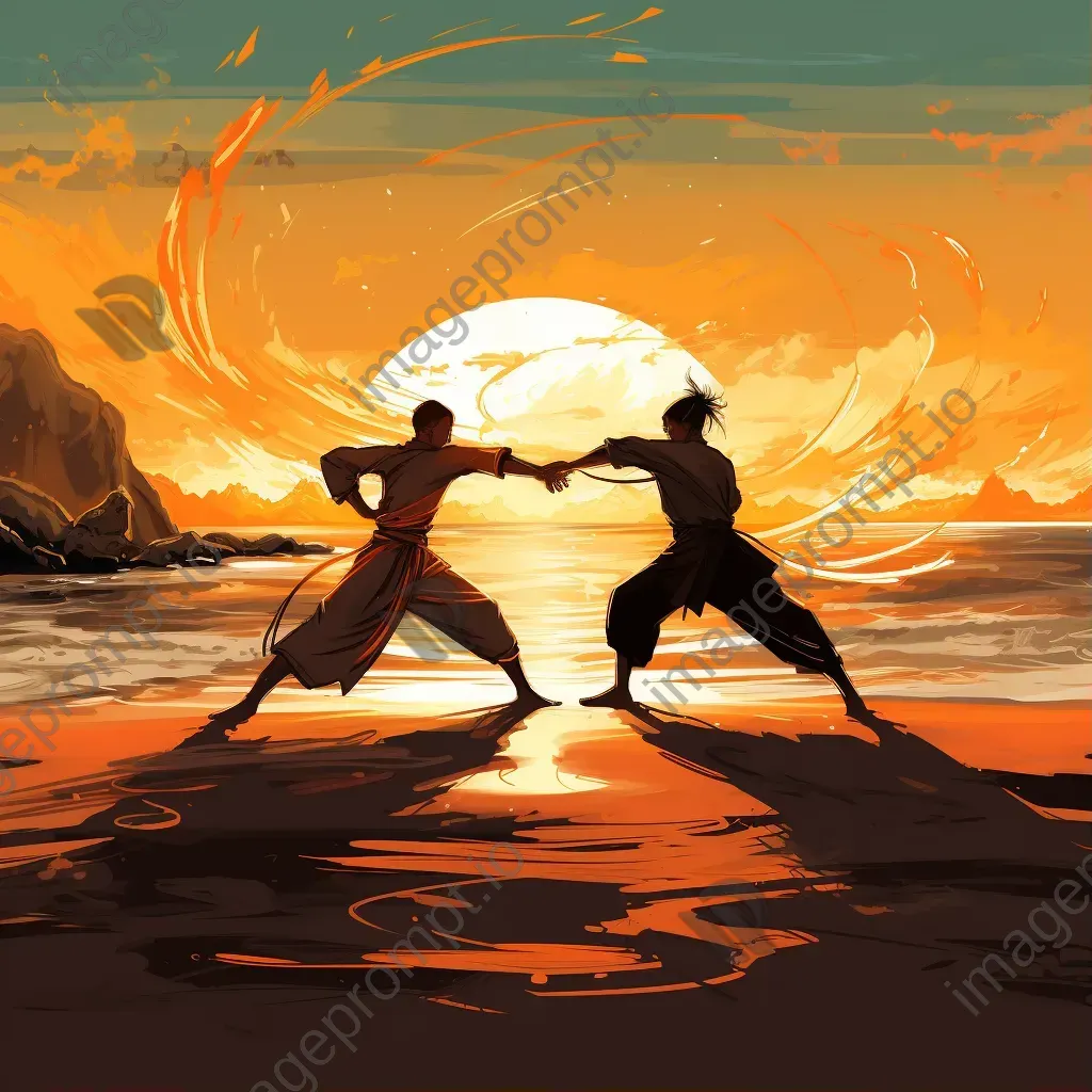 Capoeira duel on a beach at sunset drawn in Manga style - Image 1