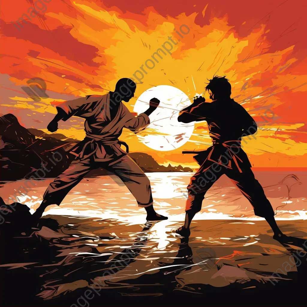 Capoeira duel on a beach at sunset drawn in Manga style - Image 2