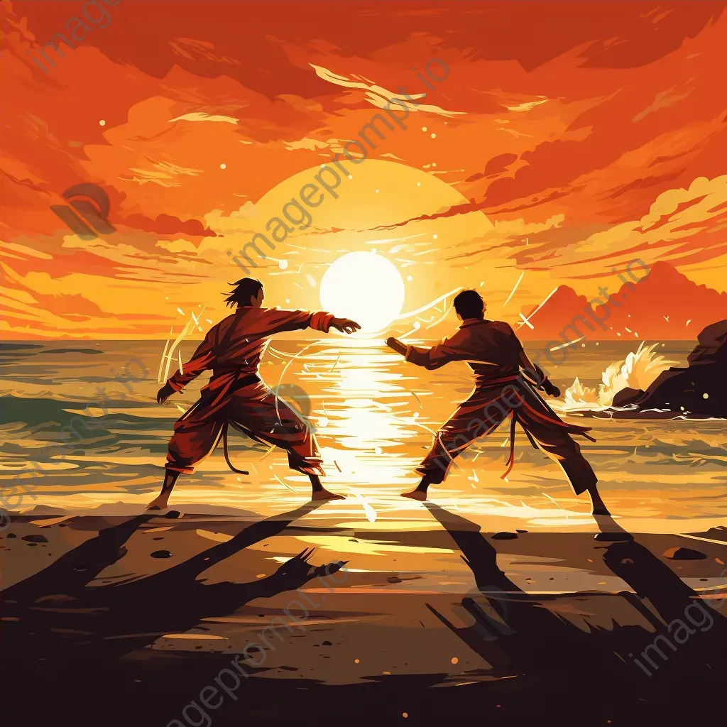 Capoeira duel on a beach at sunset drawn in Manga style - Image 4