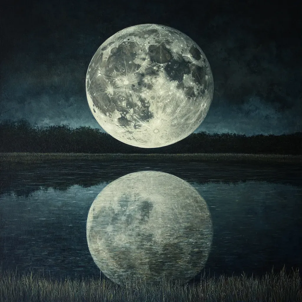 Tranquil lake reflecting the moon, painted in dynamic oil colors, showcasing lunar phases - Image 1