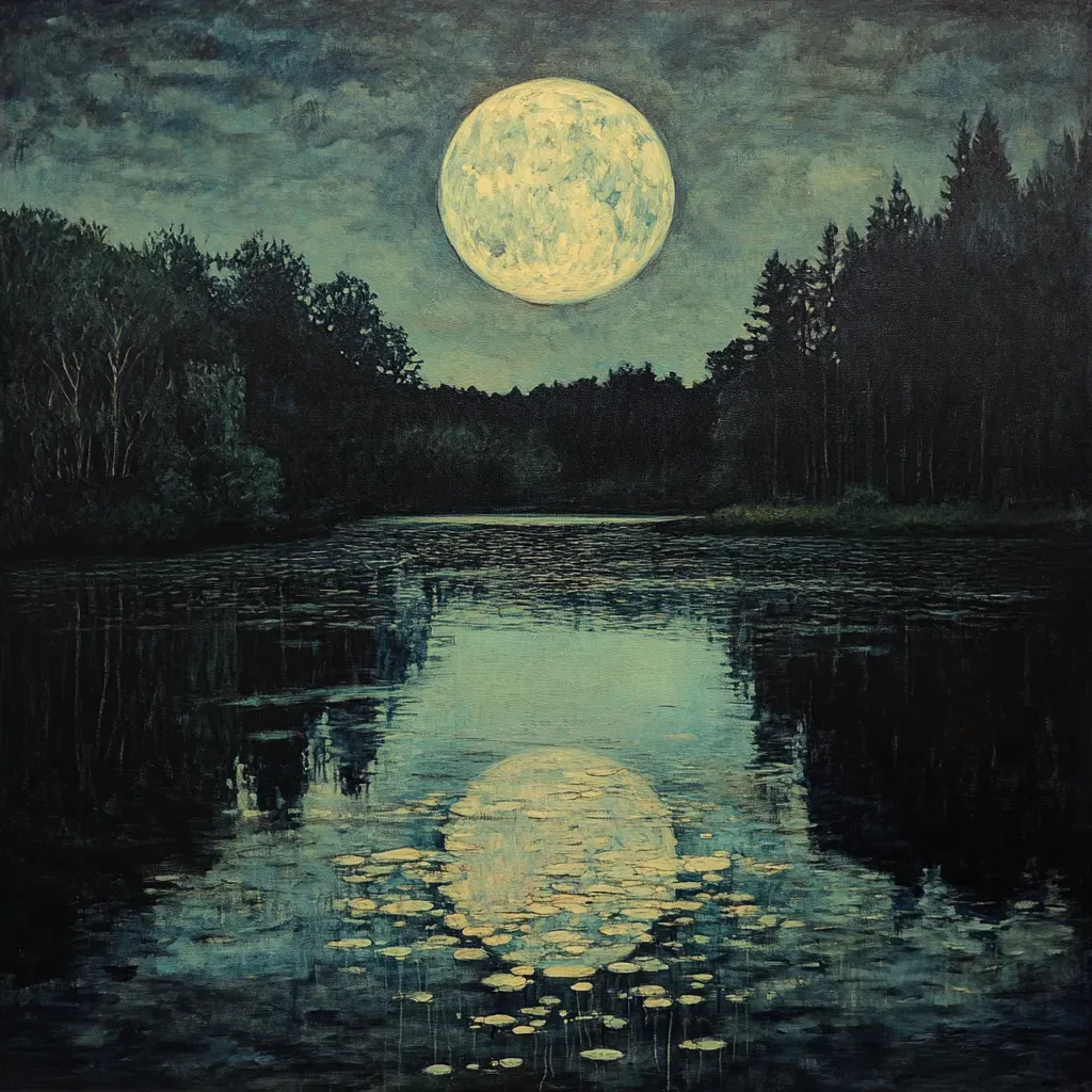 Tranquil lake reflecting the moon, painted in dynamic oil colors, showcasing lunar phases - Image 2