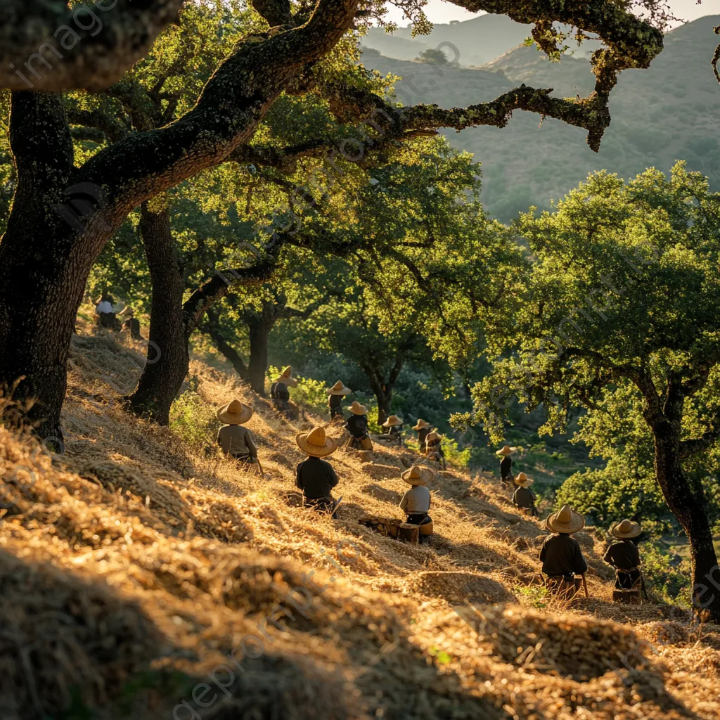 Workers harvesting cork among oak trees in rural setting - Image 1