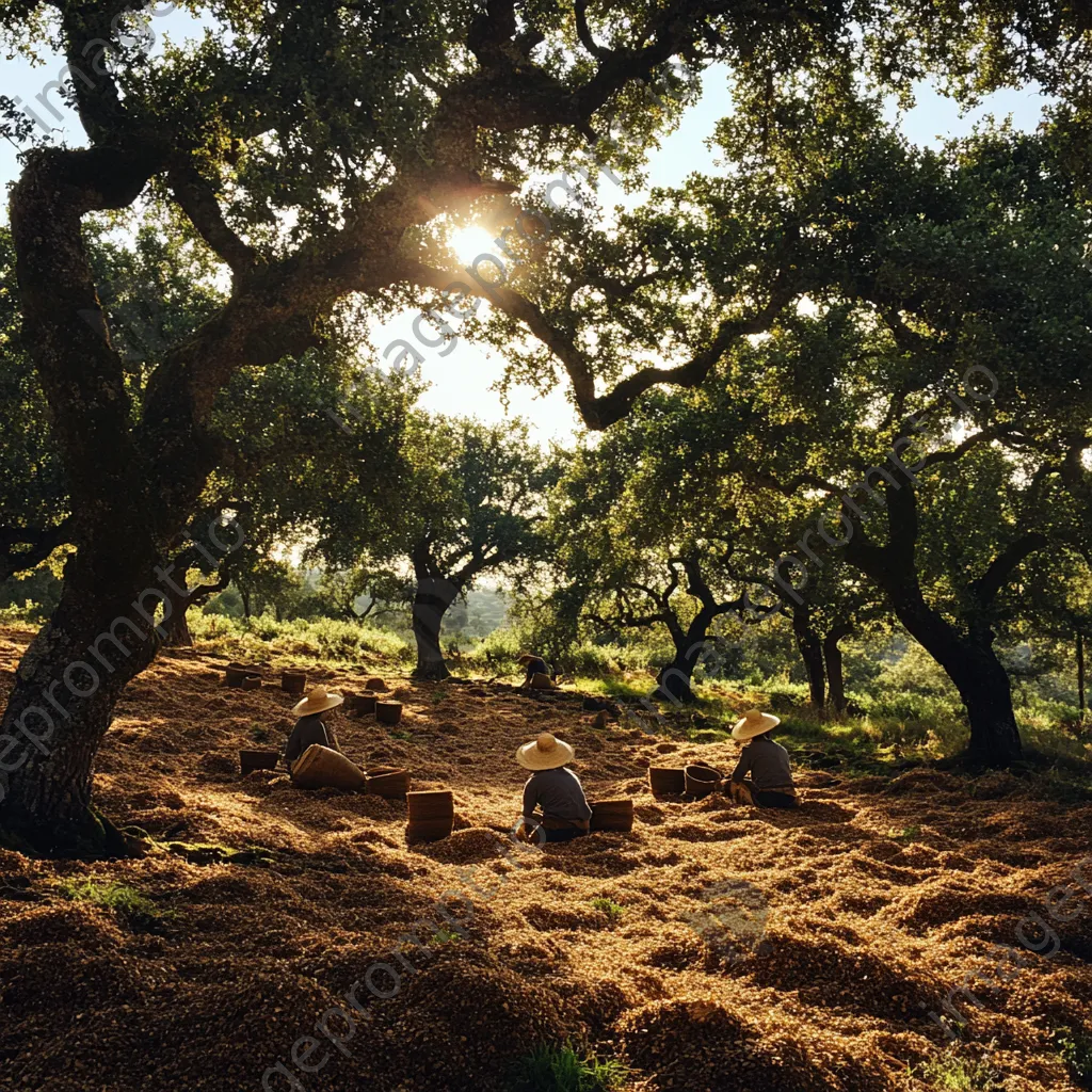 Workers harvesting cork among oak trees in rural setting - Image 2