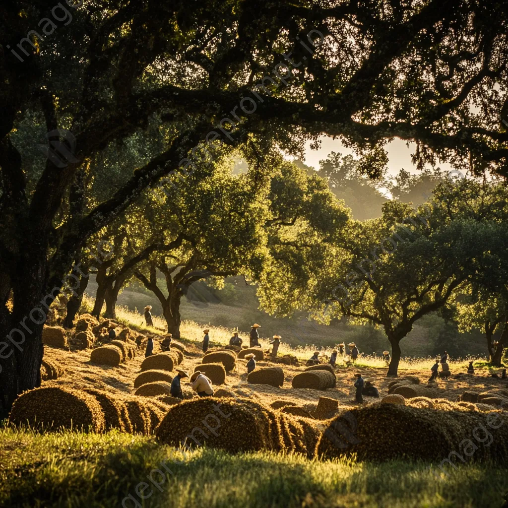 Workers harvesting cork among oak trees in rural setting - Image 3