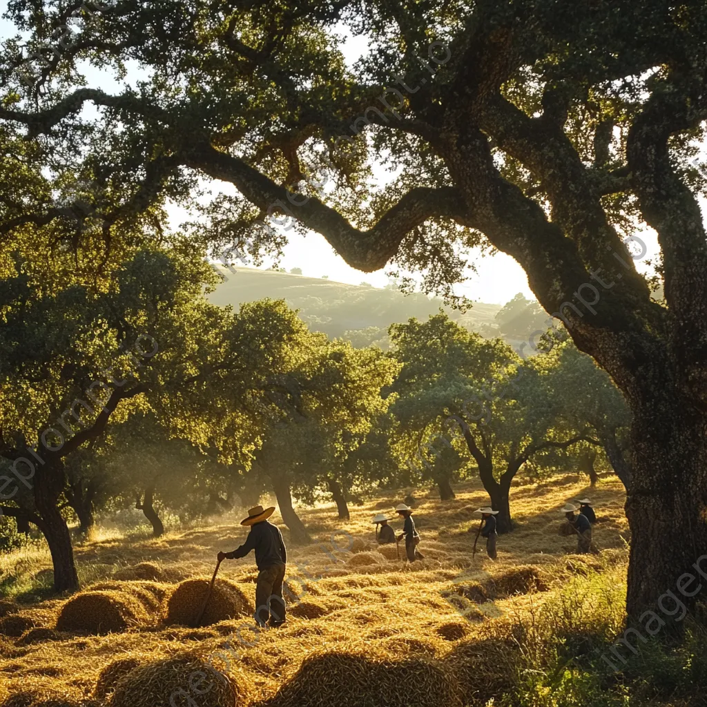 Workers harvesting cork among oak trees in rural setting - Image 4