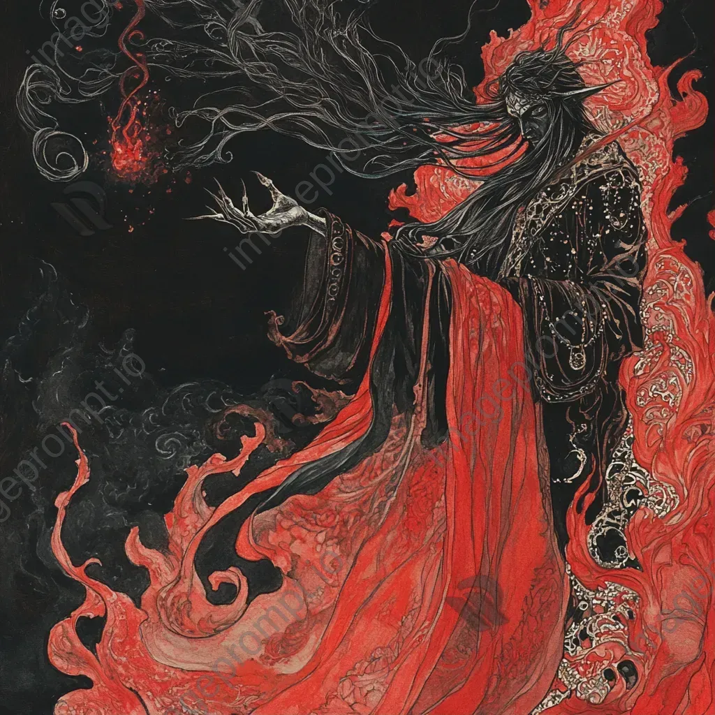 Gouache painting of a dark sorcerer weaving a curse using vibrant reds and blacks - Image 1