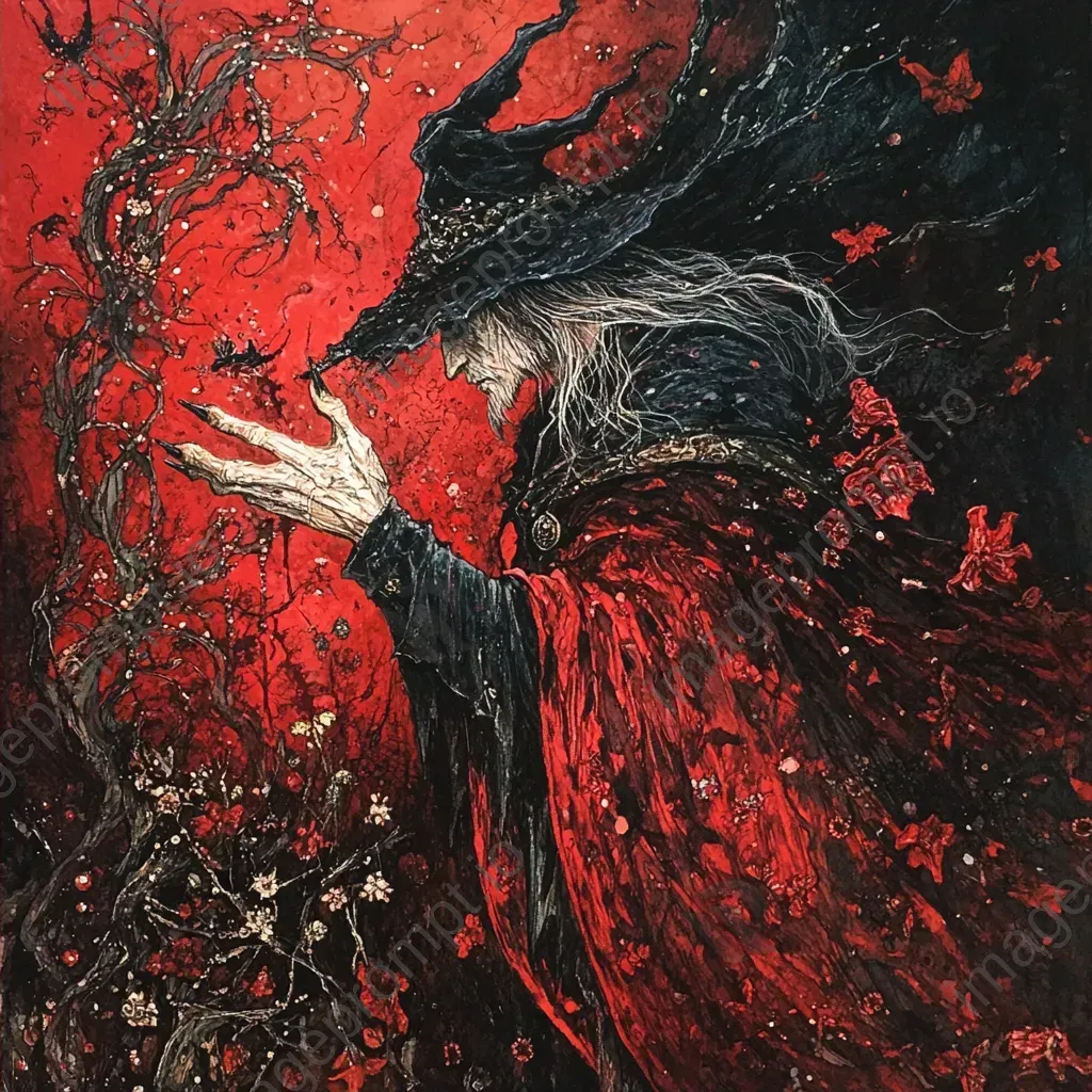 Gouache painting of a dark sorcerer weaving a curse using vibrant reds and blacks - Image 2