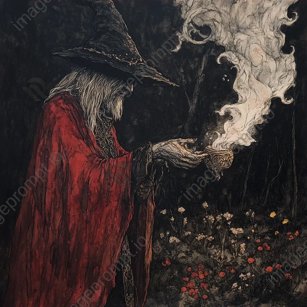 Gouache painting of a dark sorcerer weaving a curse using vibrant reds and blacks - Image 3