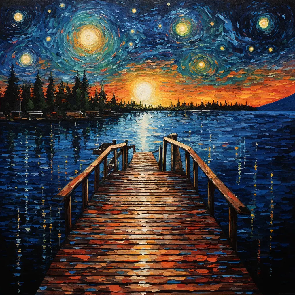 Wooden pier in lake under starry night sky with distant town lights - Image 2