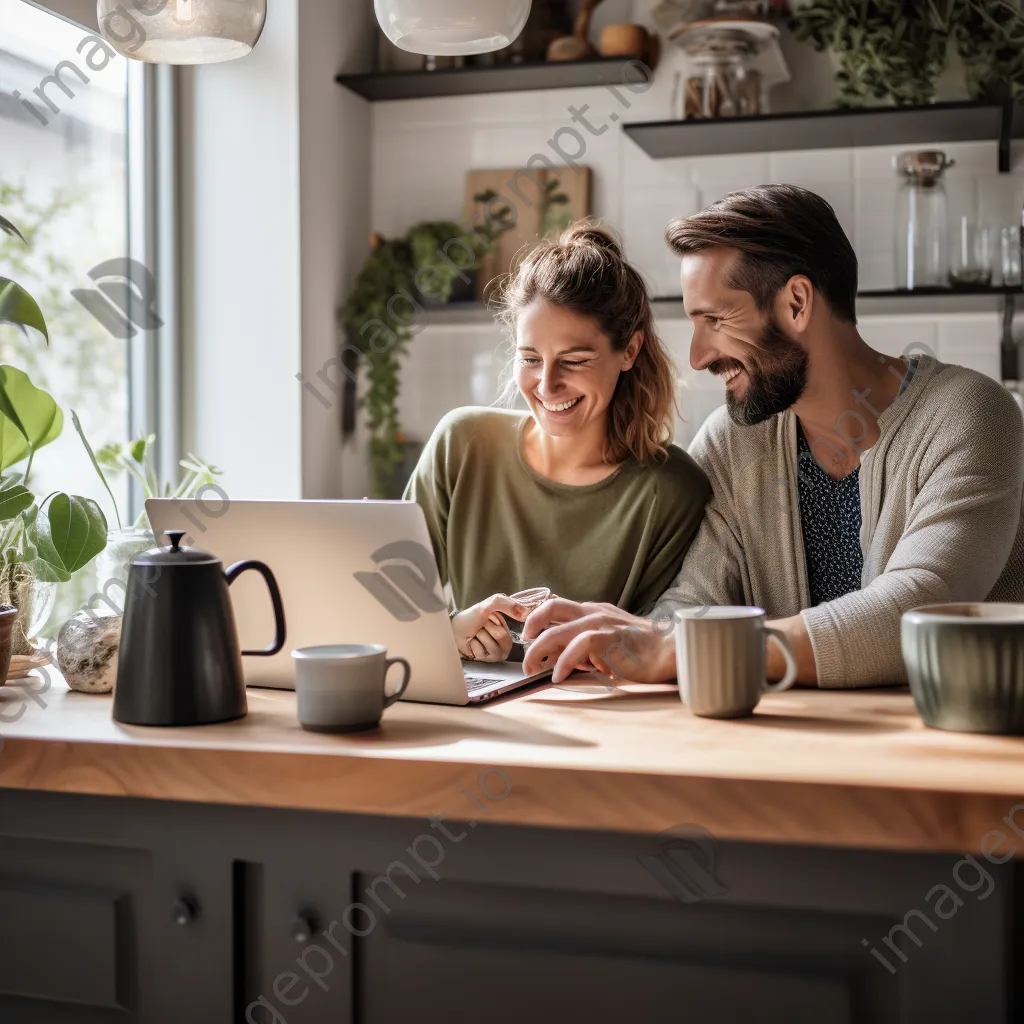 Couple browsing a home decor website while having coffee in a sunny kitchen. - Image 1
