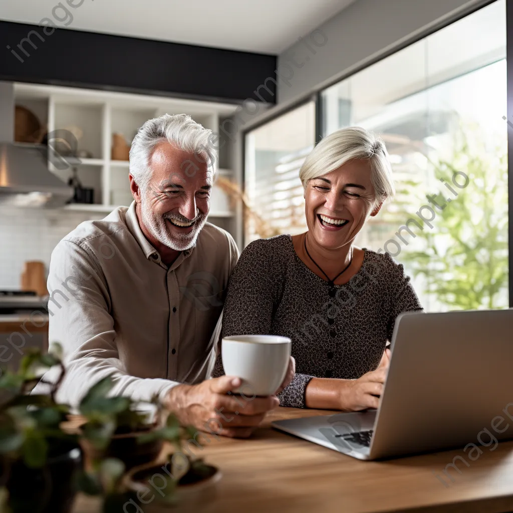 Couple browsing a home decor website while having coffee in a sunny kitchen. - Image 2