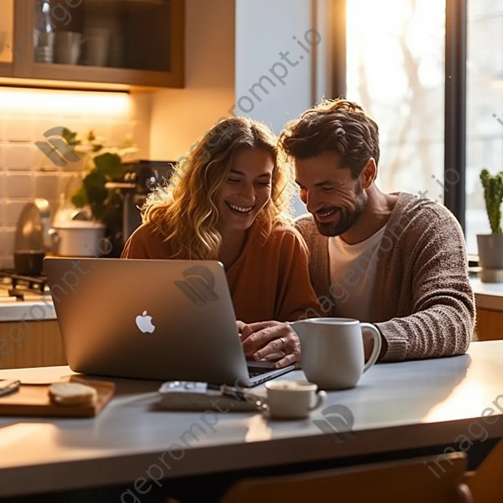 Couple browsing a home decor website while having coffee in a sunny kitchen. - Image 3