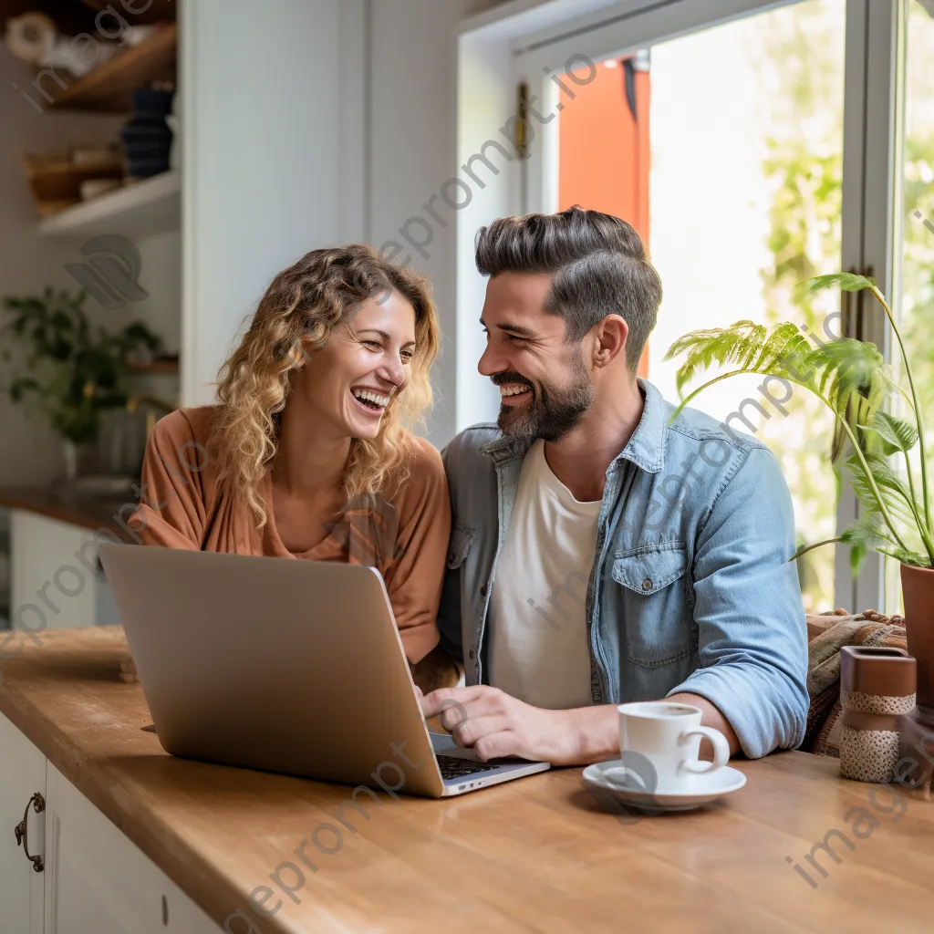 Couple browsing a home decor website while having coffee in a sunny kitchen. - Image 4