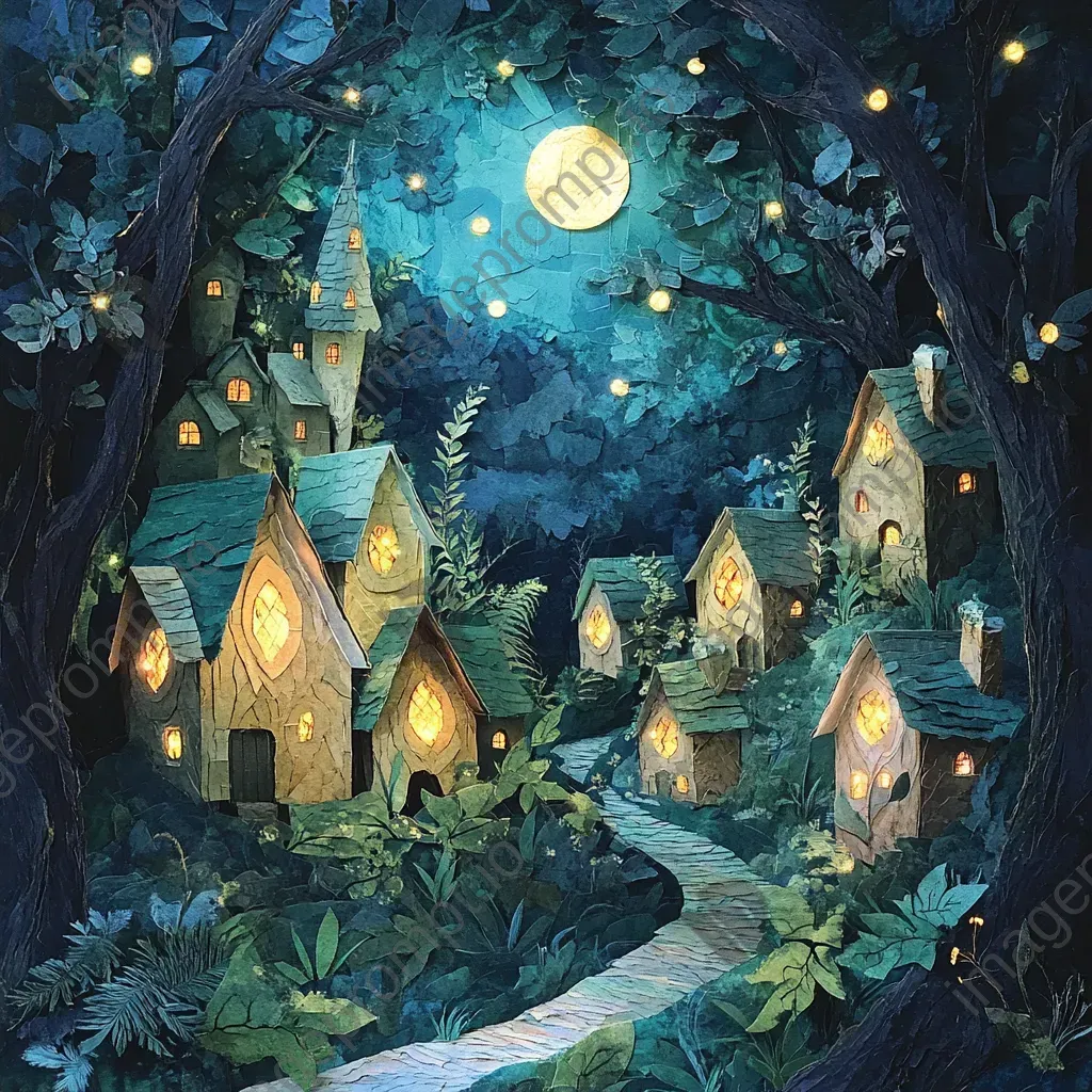 Paper collage of an ethereal elf village in the heart of an age-old forest - Image 2