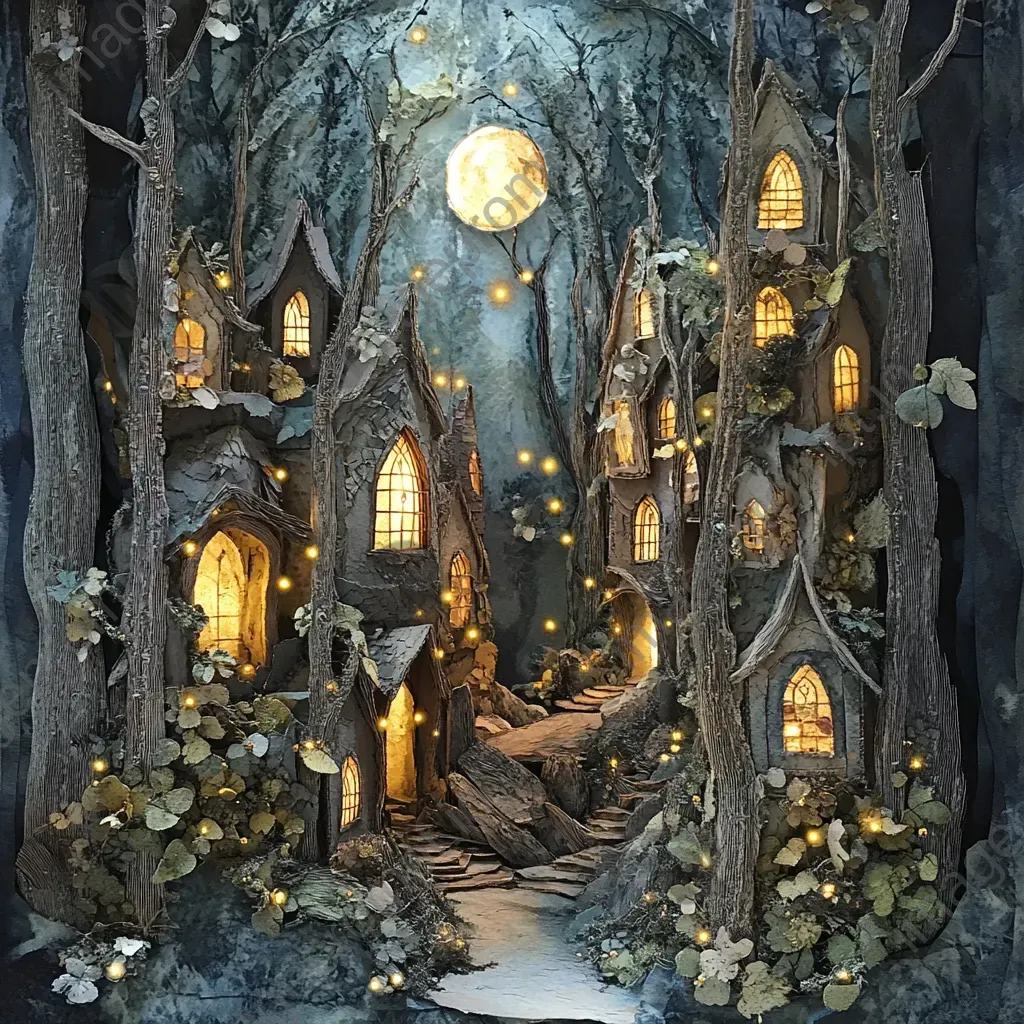 Paper collage of an ethereal elf village in the heart of an age-old forest - Image 3