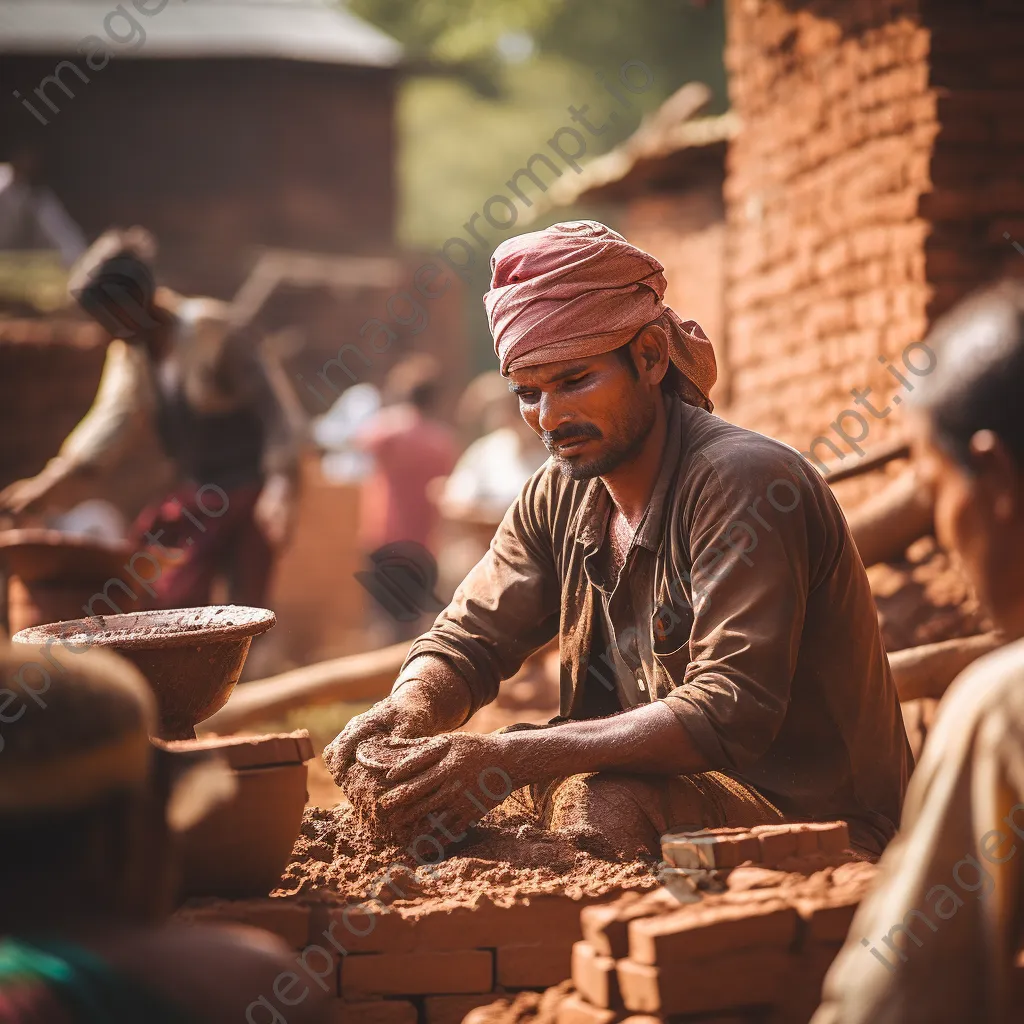 Workers molding clay into bricks in a rural scene - Image 1