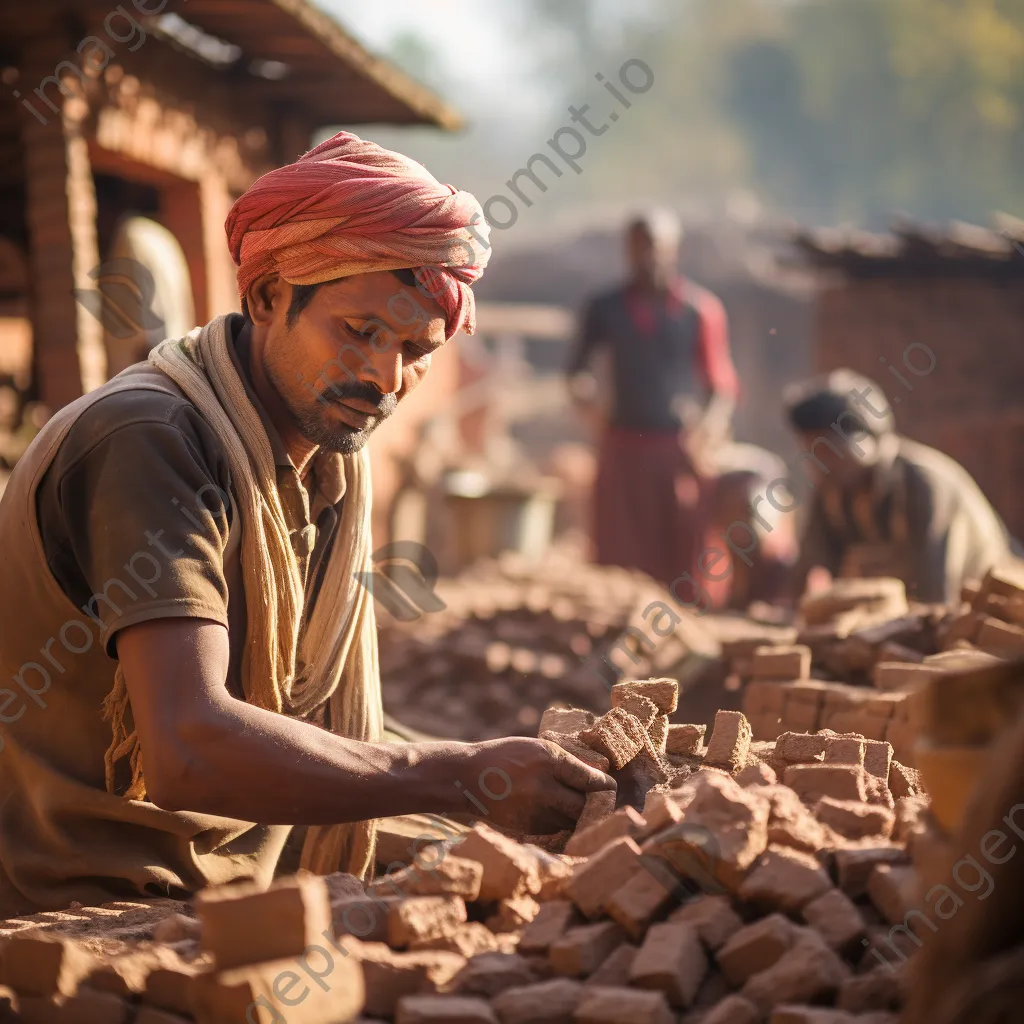 Workers molding clay into bricks in a rural scene - Image 3