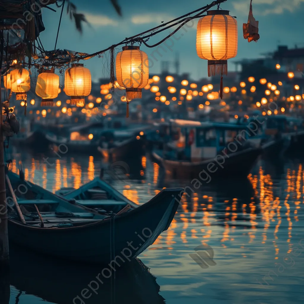 Twilight harbor with glowing lanterns casting light on boats and water. - Image 1