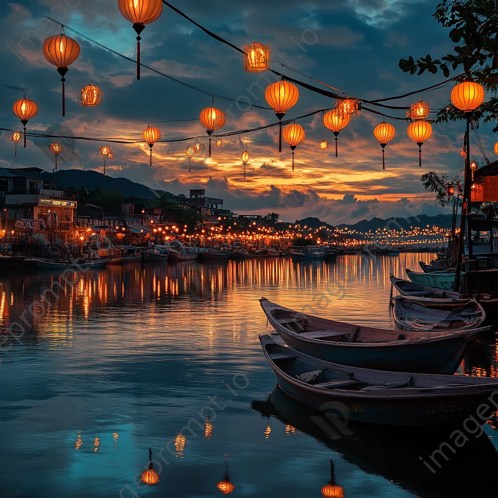 Twilight harbor with glowing lanterns casting light on boats and water. - Image 2