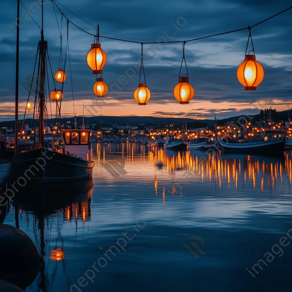 Twilight harbor with glowing lanterns casting light on boats and water. - Image 3