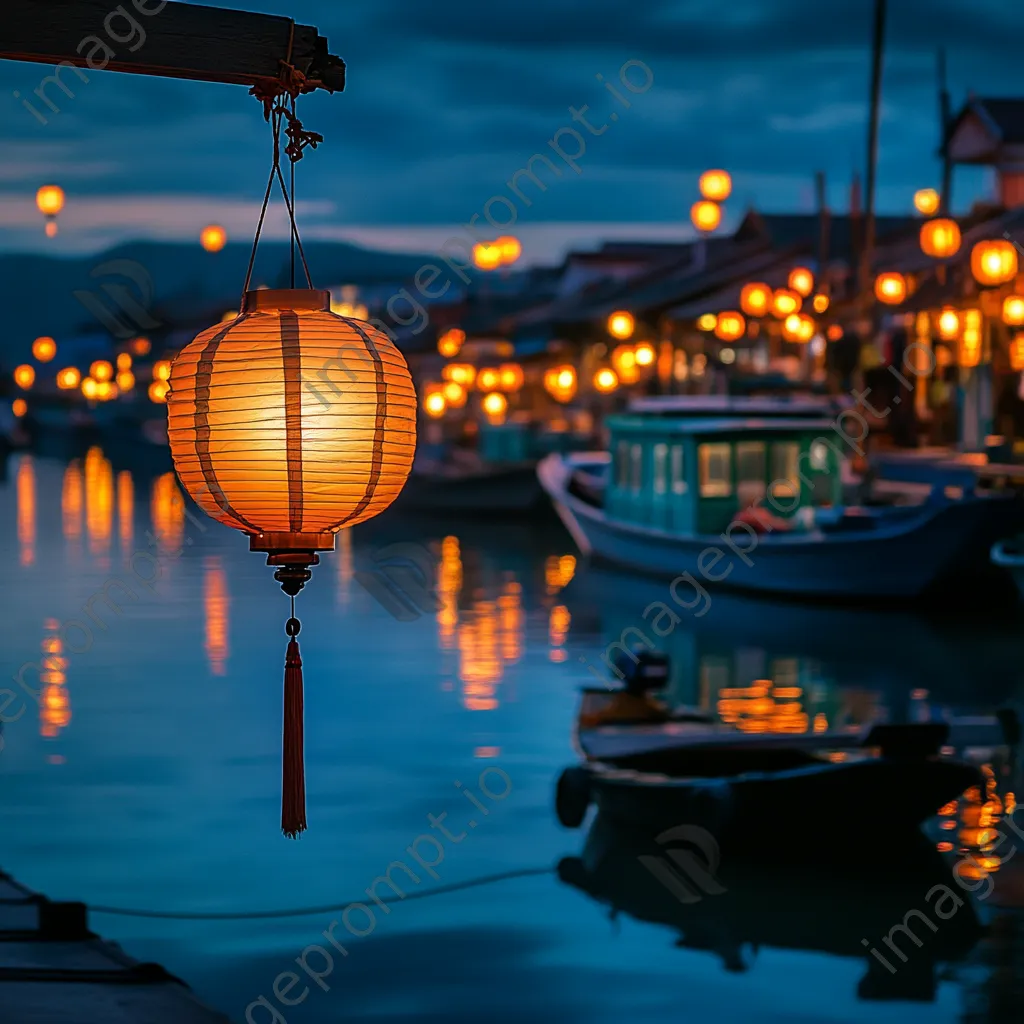 Twilight harbor with glowing lanterns casting light on boats and water. - Image 4