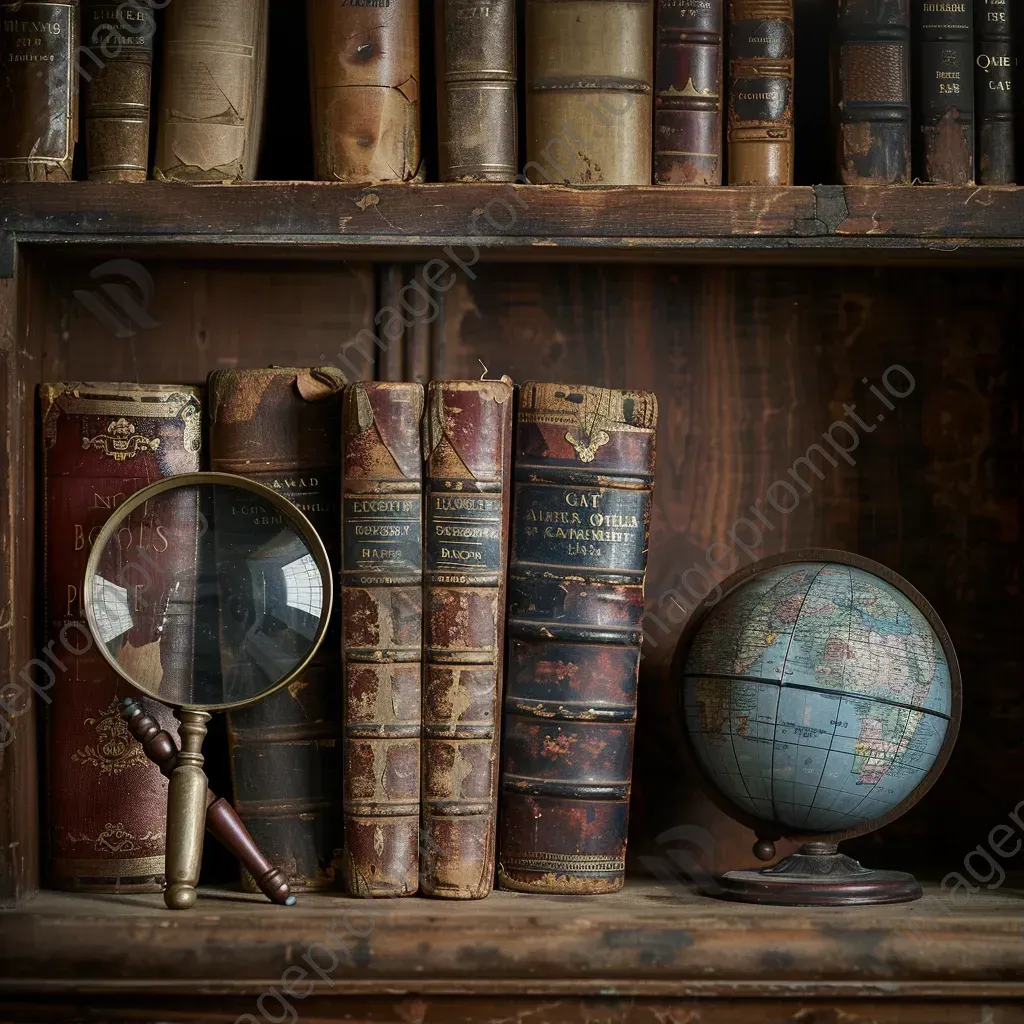 Aged leather-bound books on wooden shelf, vintage globe, and magnifying glass - Image 1