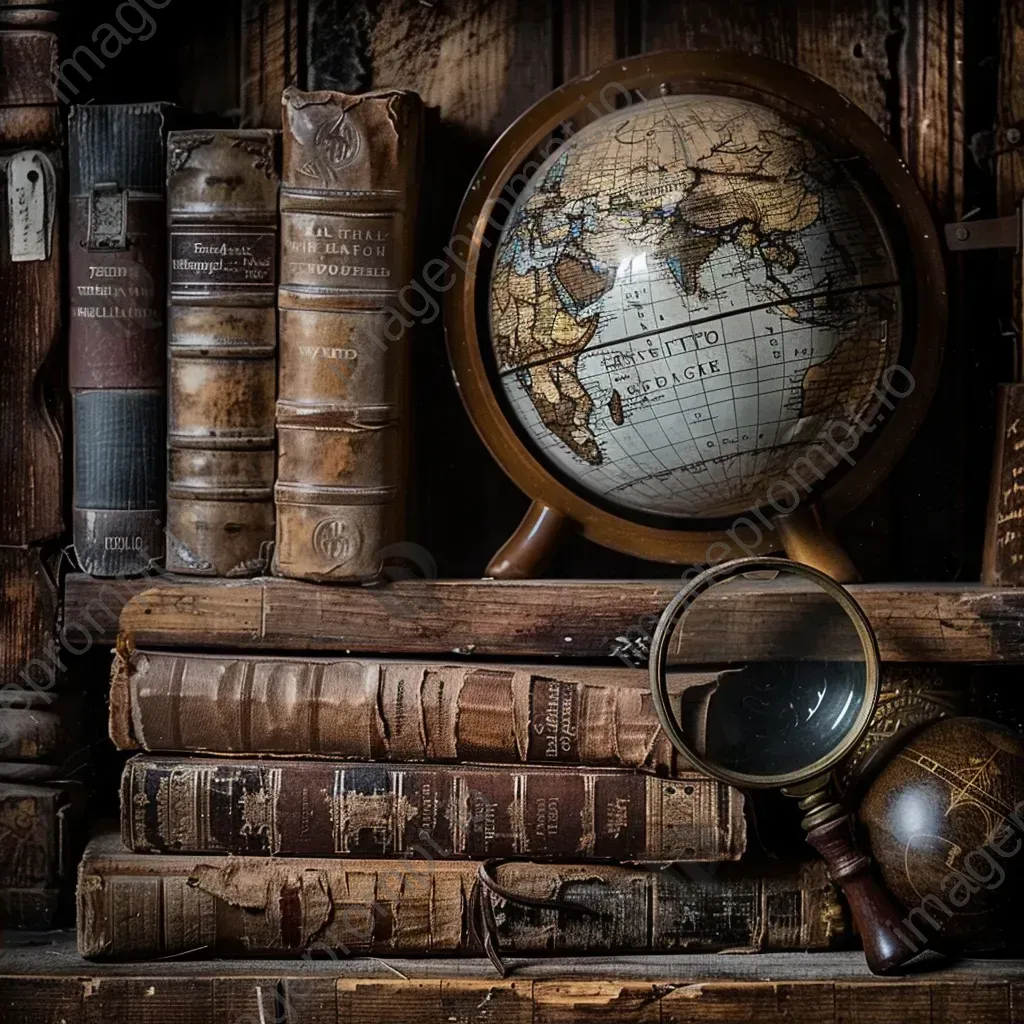 Aged leather-bound books on wooden shelf, vintage globe, and magnifying glass - Image 2