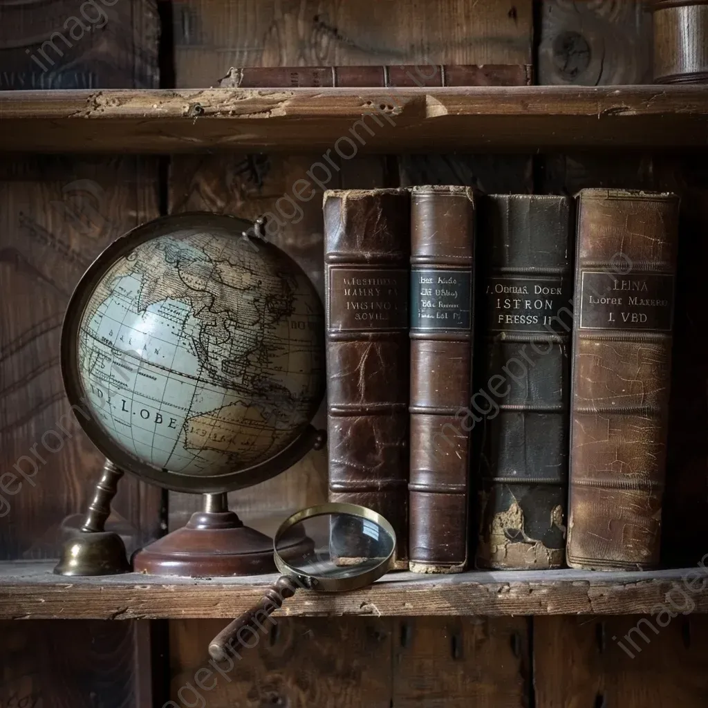 Aged leather-bound books on wooden shelf, vintage globe, and magnifying glass - Image 3
