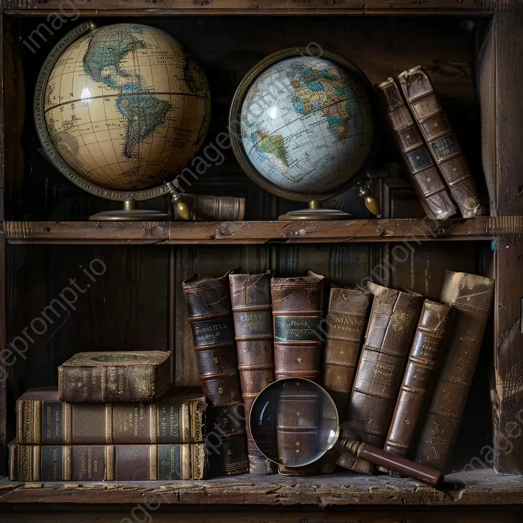 Aged leather-bound books on wooden shelf, vintage globe, and magnifying glass - Image 4