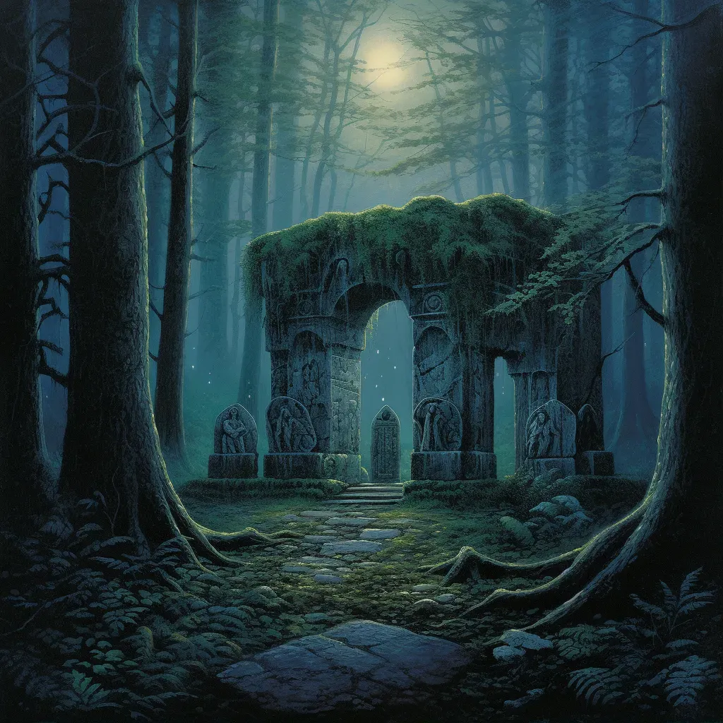 Mystical Druid grove in a forest with stone altar and ancient trees under moonlight - Image 1