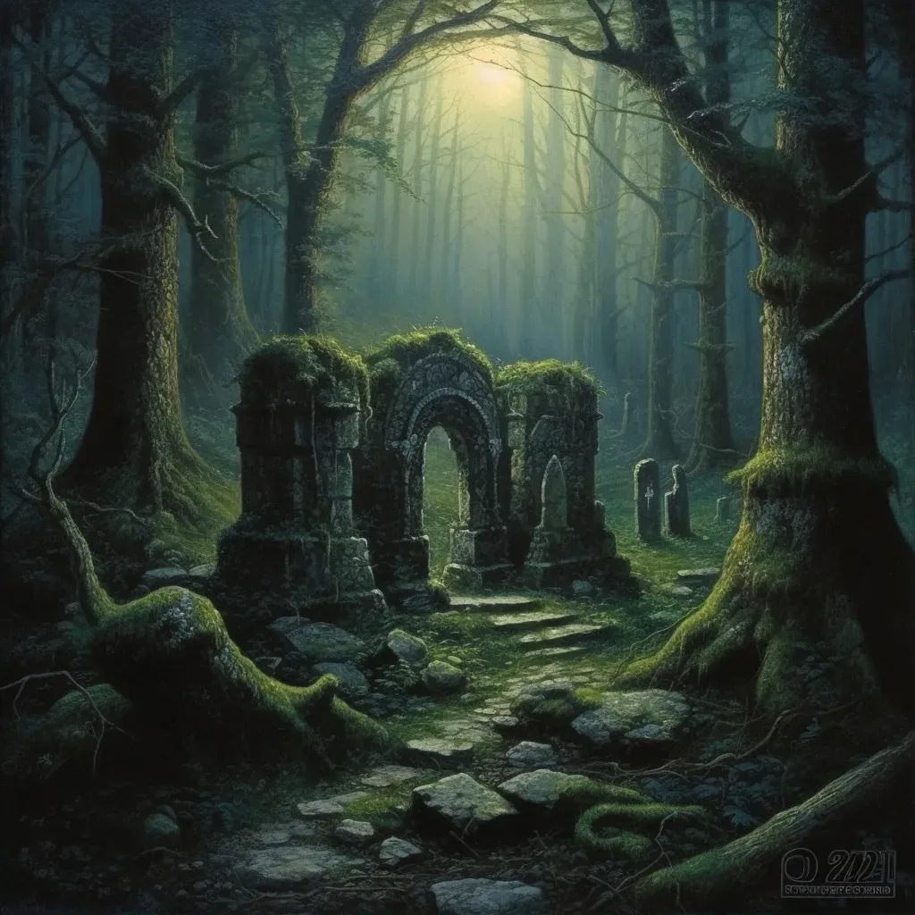 Mystical Druid grove in a forest with stone altar and ancient trees under moonlight - Image 2